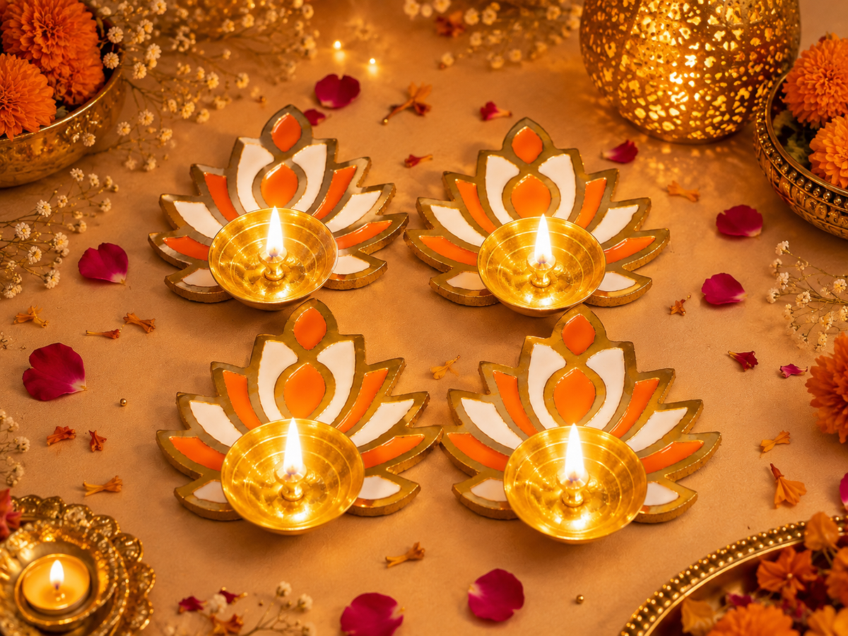 Radiant Lotus brass diya with hand-painted lotus base for Diwali pooja decor