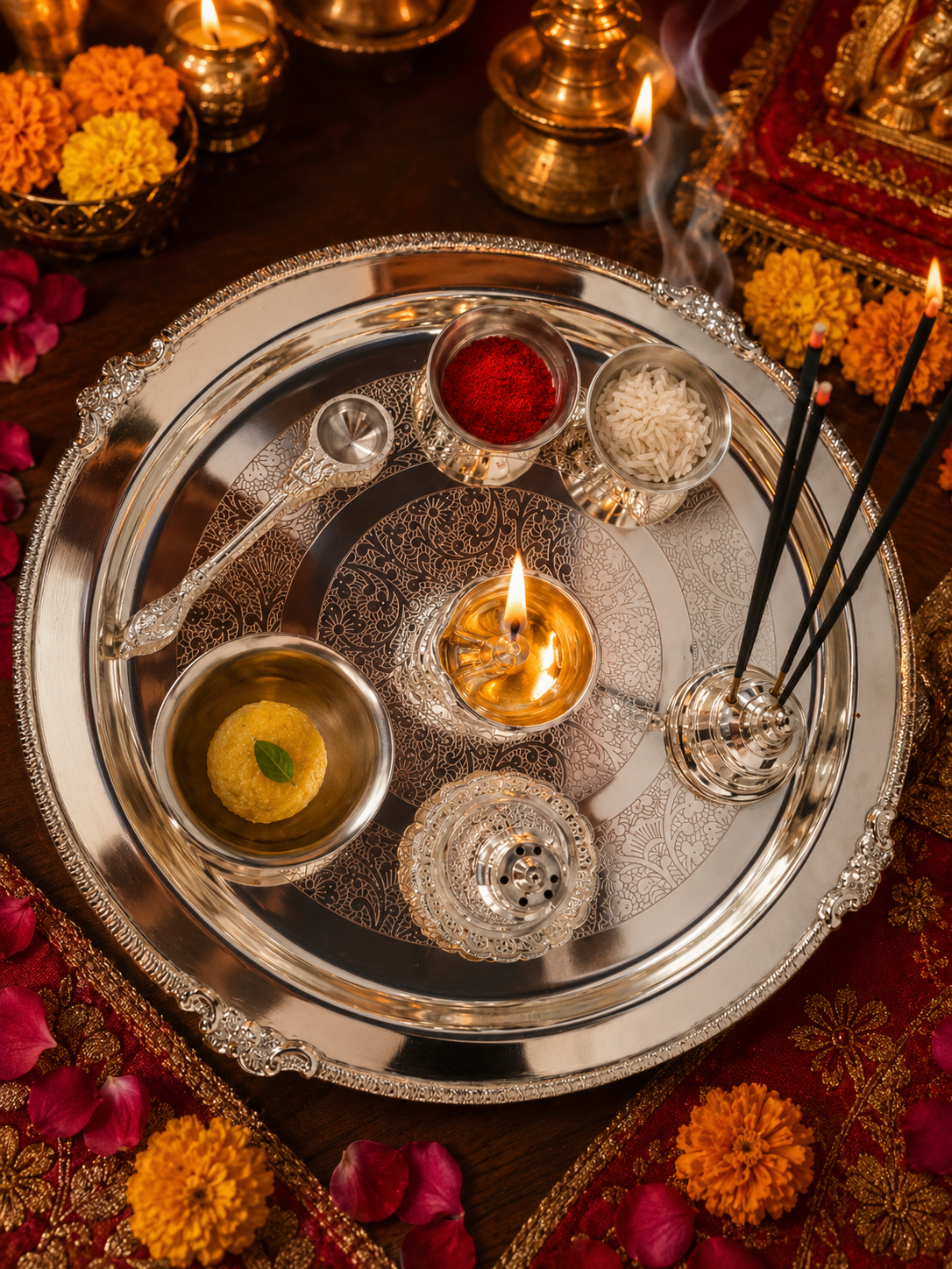 Royal Shubh silver-finish pooja thali set in red velvet Diwali gift box