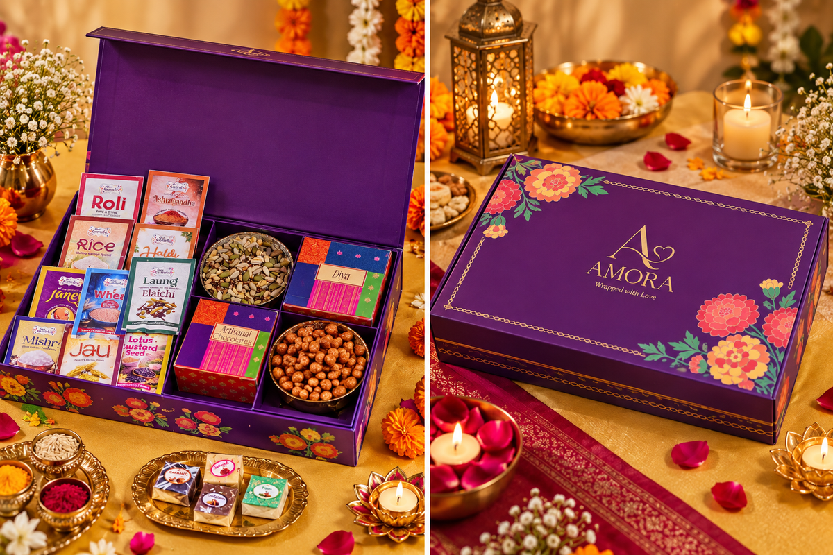 Amora Royal Diwali Gift Hamper – AR02 (Peanuts, Chocolates & Brass Diya)