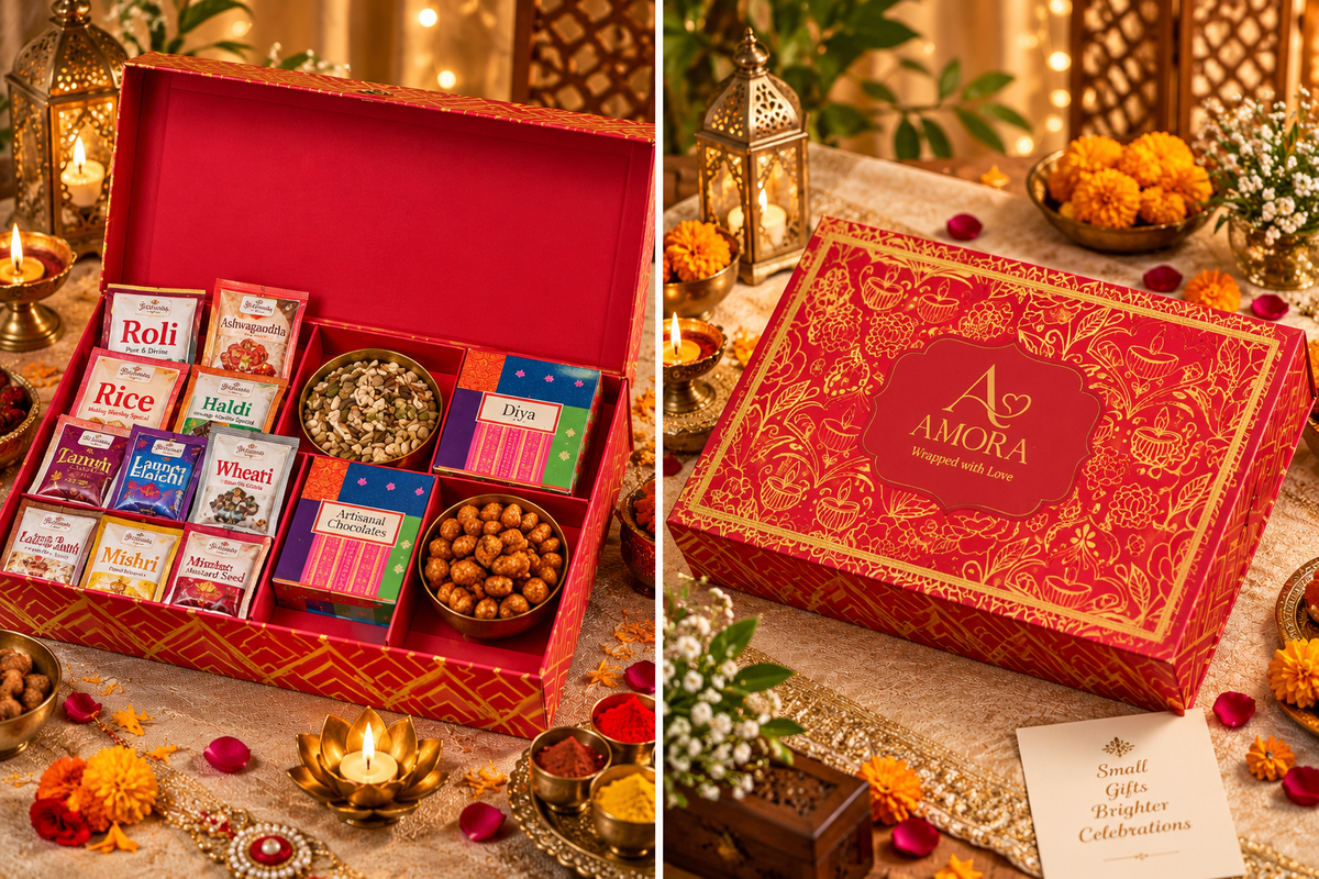 Amora Royal Diwali Gift Hamper – AR01 (Dry Fruits, Rangoli & Pooja Set)