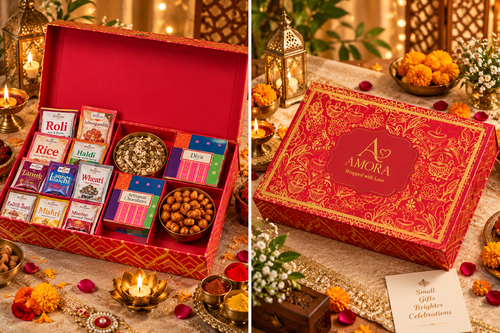 Amora Royal Diwali Gift Hamper – AR01 (Dry Fruits, Rangoli & Pooja Set)