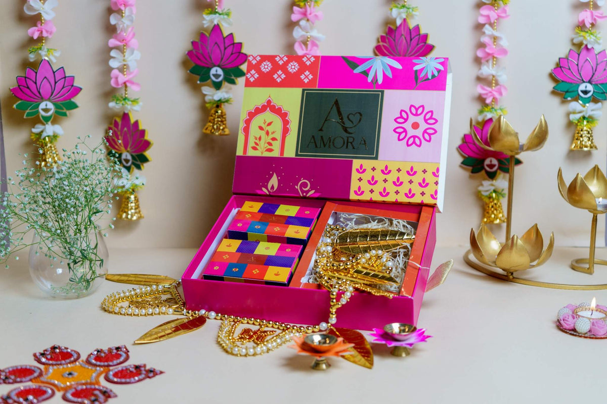 Amora Bliss Diwali Gift Hamper – AB08 (Toran, Brass Lotus Diya & Rangoli)