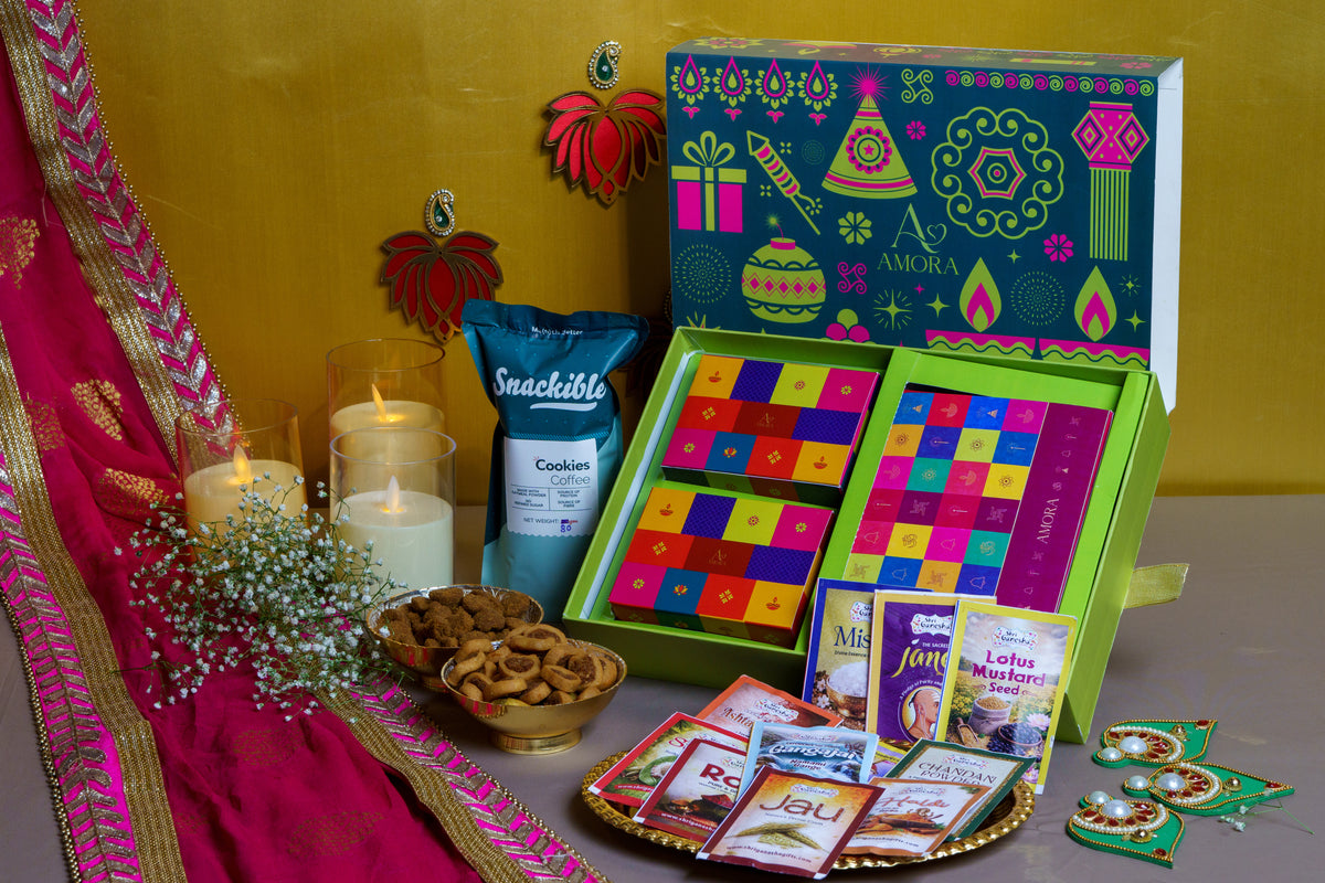 Amora Bliss Diwali Gift Hamper – AB09 (Pooja Essentials, Coffee Cookies & Bhakarwadi)