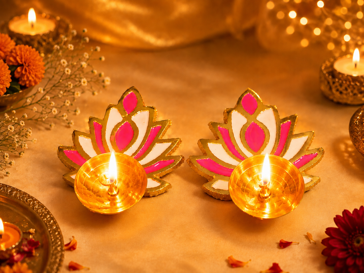 Handcrafted brass diya lit for festive Diwali decoration