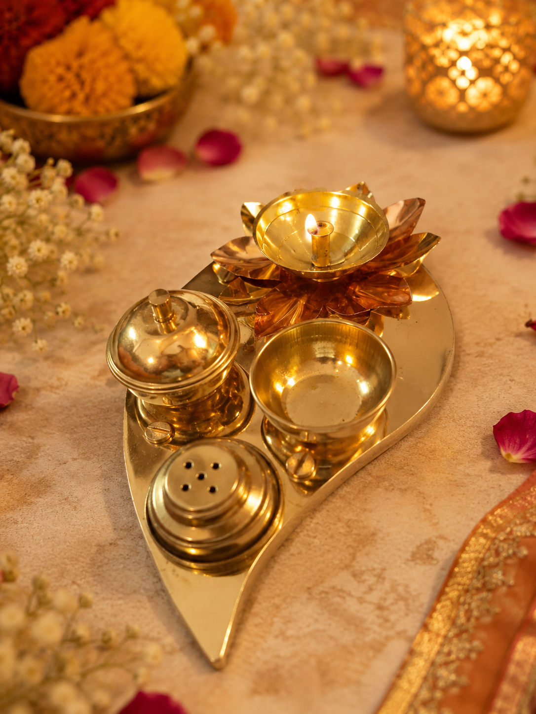 Brass pooja thali set with diya, kumkum and haldi containers