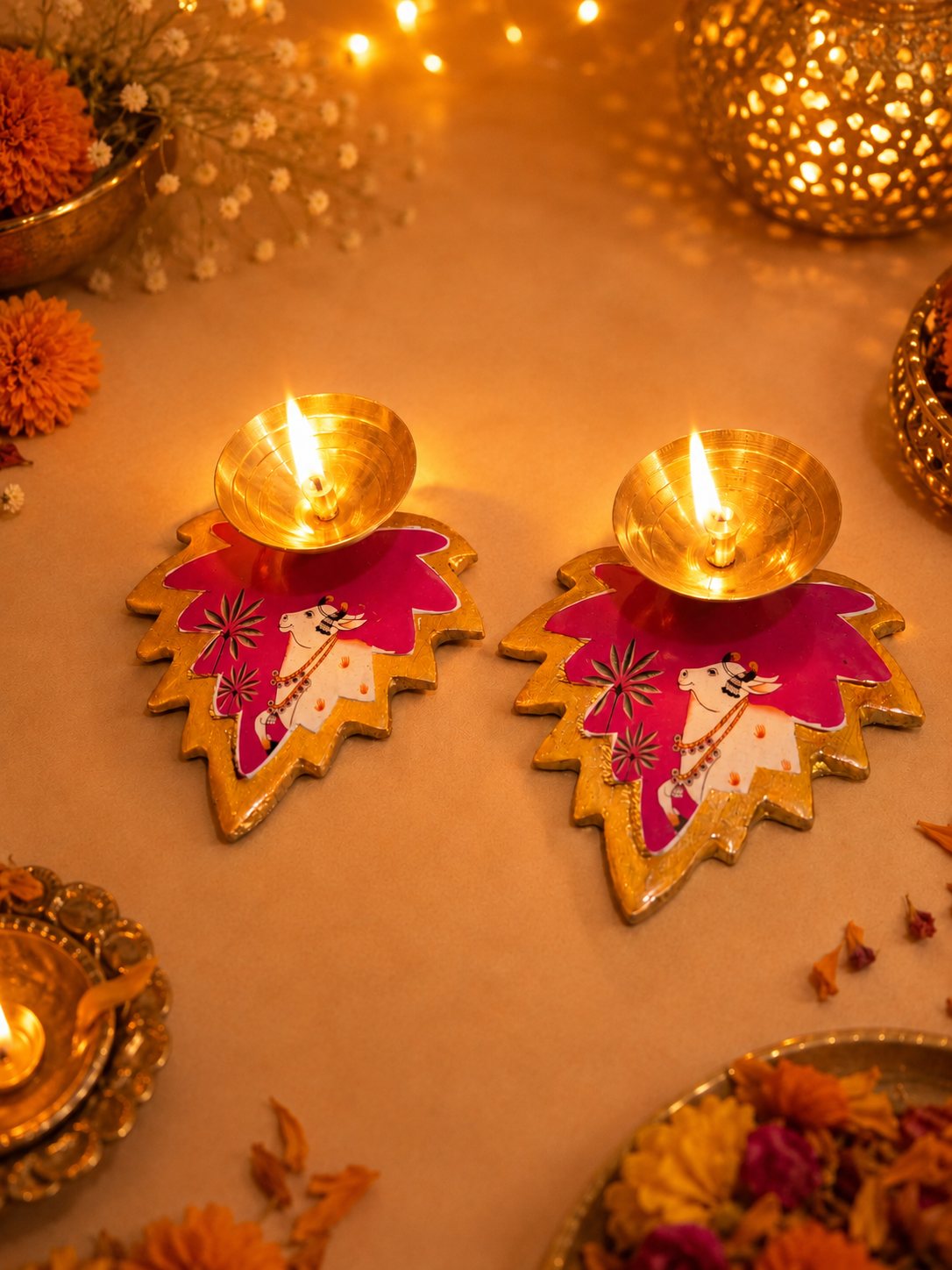 Pichwai cow festive brass diya for Diwali and Lakshmi Pooja