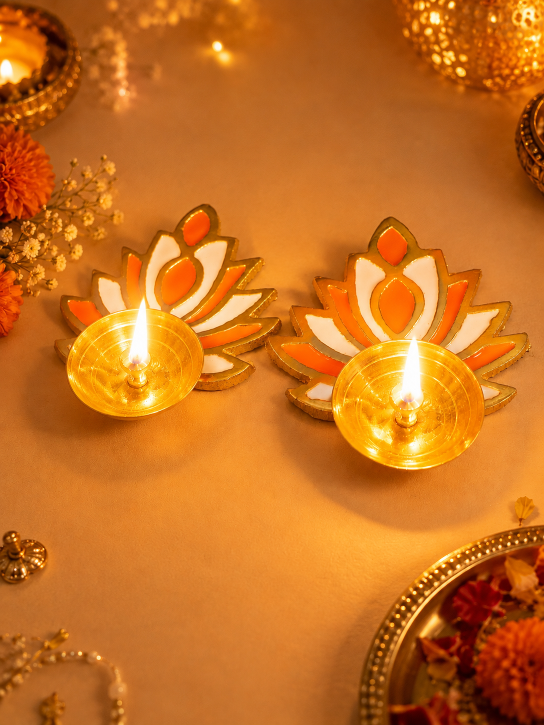 Set of brass diyas with lotus design for Diwali and Lakshmi Pooja